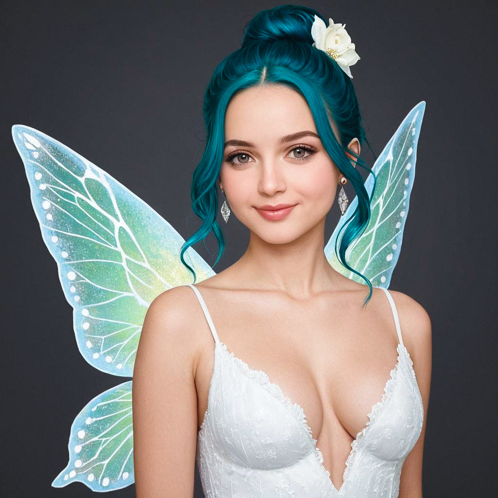 Ethereal Woman with Teal Hair and Butterfly Wings