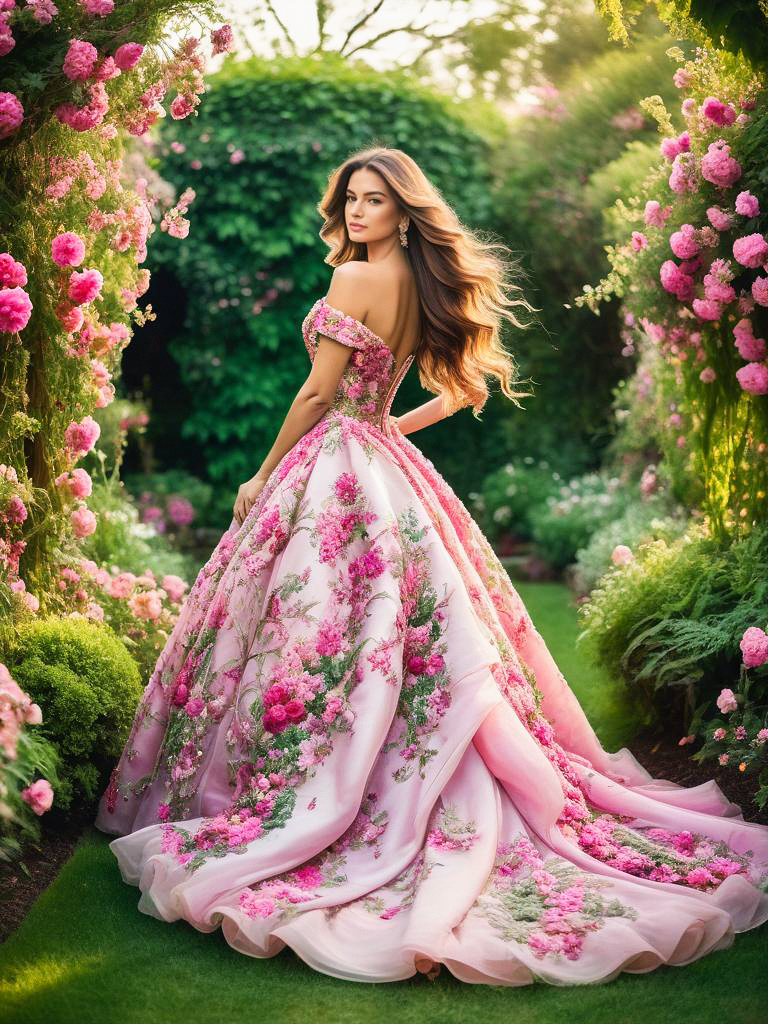 Elegant Woman in Floral Ball Gown in Lush Garden