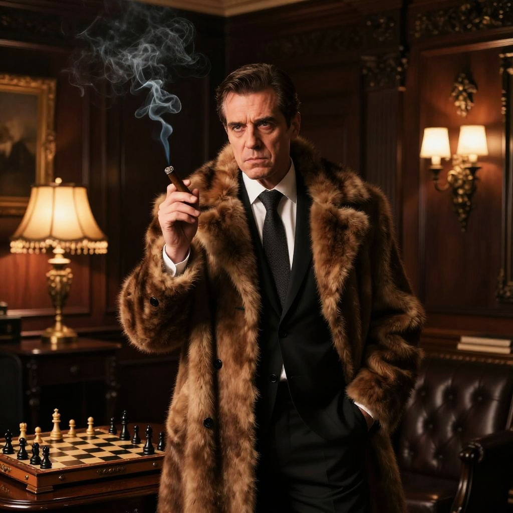 Man in Fur Coat Smoking Cigar in Classic Wood-paneled Room with Chessboard