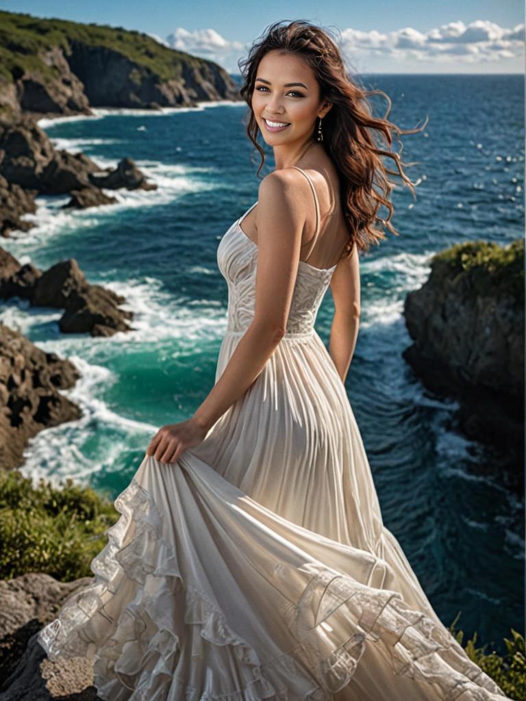 Stunning Woman by Rocky Coastline in Cream Dress