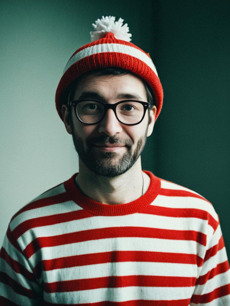 Man in Wheres Wally Costume Red White Striped Sweater and Beanie Photorealistic Portrait