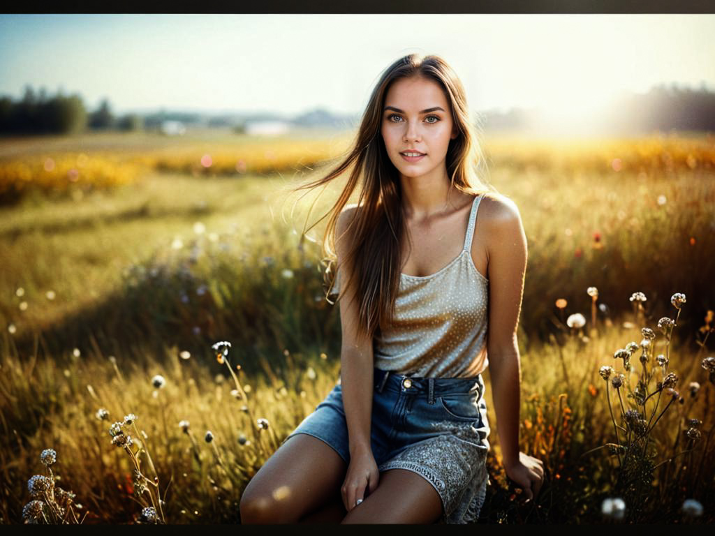 Young Woman in Sunlit Field with Wildflowers