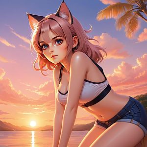Young Woman with Cat Ears at Sunset over Ocean
