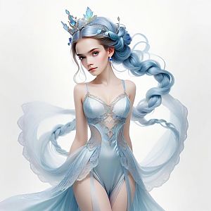 Woman in Elegant Icy Blue Gown with Lace and Butterfly Crown