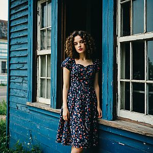 Young woman in floral dress at rustic blue doorway