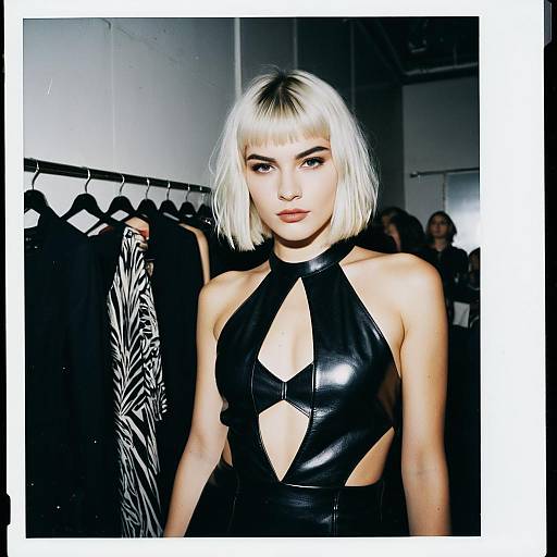 Blonde Woman in Black Leather Dress with Geometric Cutouts in Fashion Studio