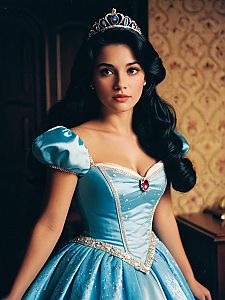 Elegant Woman in Blue Disney Princess Dress and Jeweled Tiara