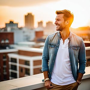 Young Man on Rooftop at Sunset