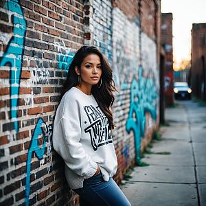 Young Woman in Oversized Sweater Against Graffiti Wall