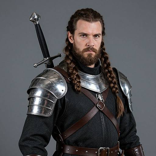 Medieval Knight in Armor with Braided Hair and Sword