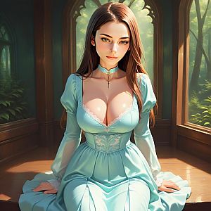 Young Woman in Light Blue Dress by Arched Windows