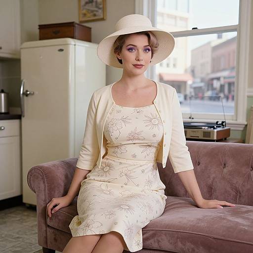 Vintage Style Woman in Floral Dress and Hat in Retro Kitchen