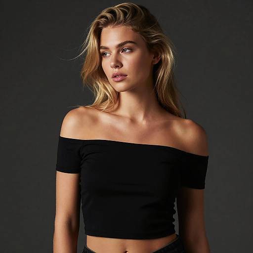 Portrait of Blonde Woman in Black Off-Shoulder Crop Top