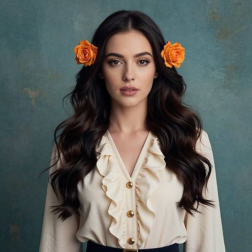 Elegant Woman with Orange Roses and Cream Ruffled Blouse Portrait