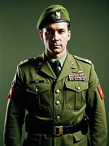 Man in Army-Inspired Olive Green Uniform Editorial Portrait