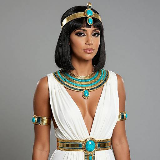 Woman in Ancient Egyptian Cleopatra Costume with Gold and Turquoise Jewelry