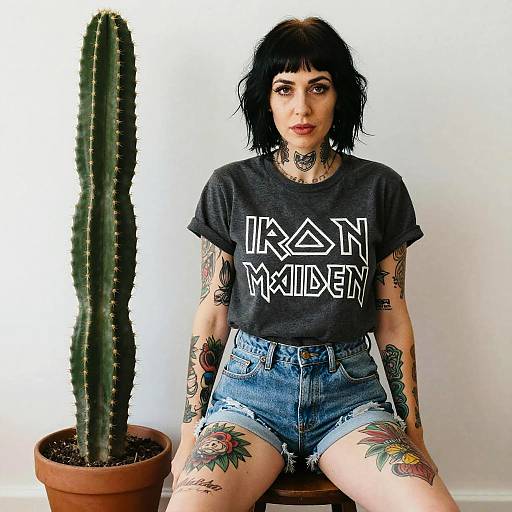 Tattooed Woman in Iron Maiden T-Shirt Sitting Next to Potted Cactus