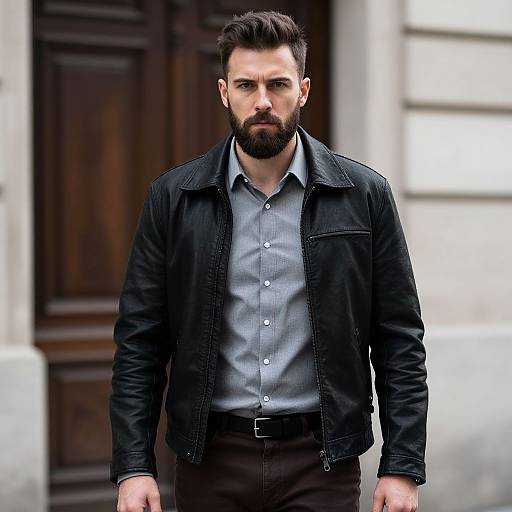Confident Man in Black Leather Jacket and Gray Shirt Outdoors