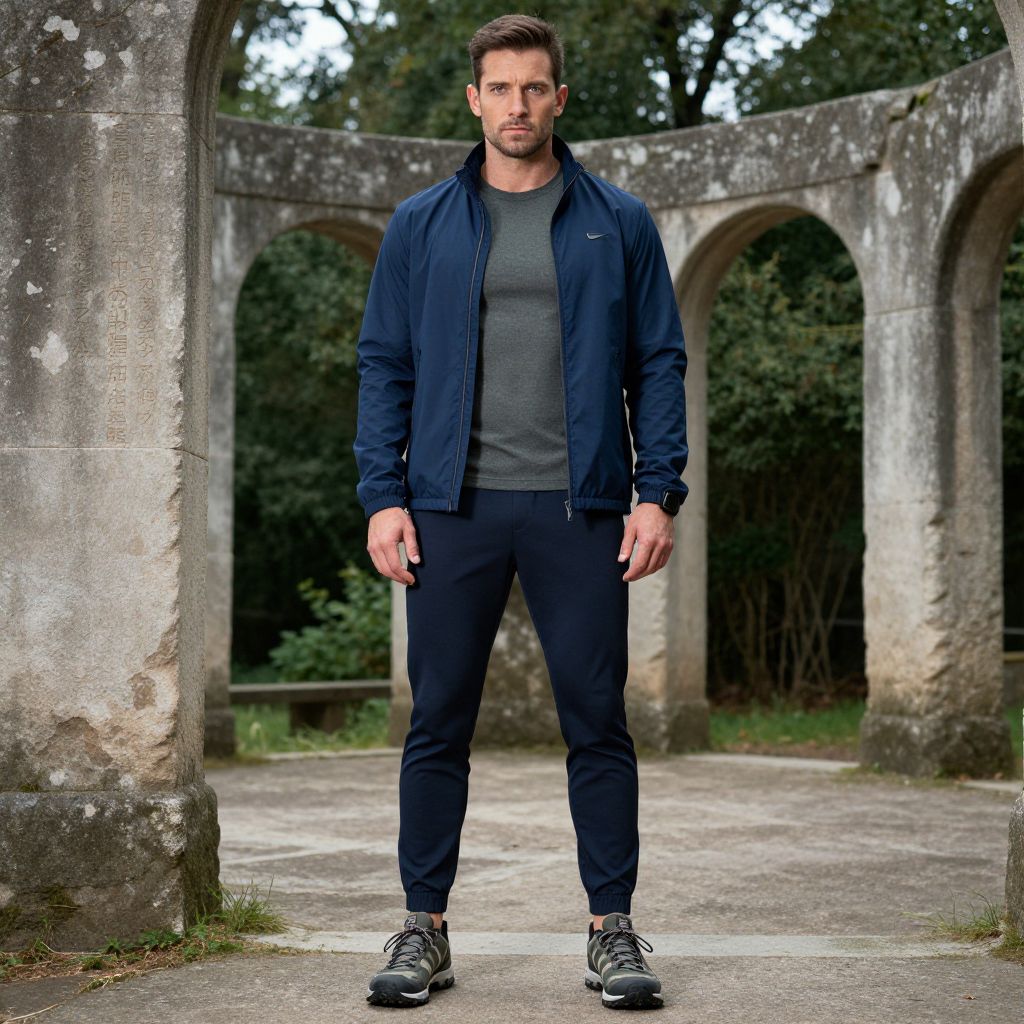 Athletic Man Standing Outdoors in Casual Sportswear Jacket and Joggers