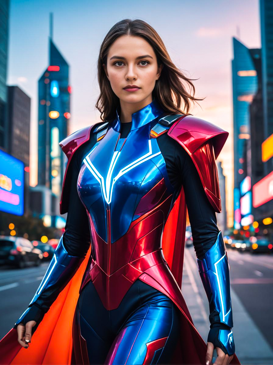 Futuristic Woman in Superhero Costume