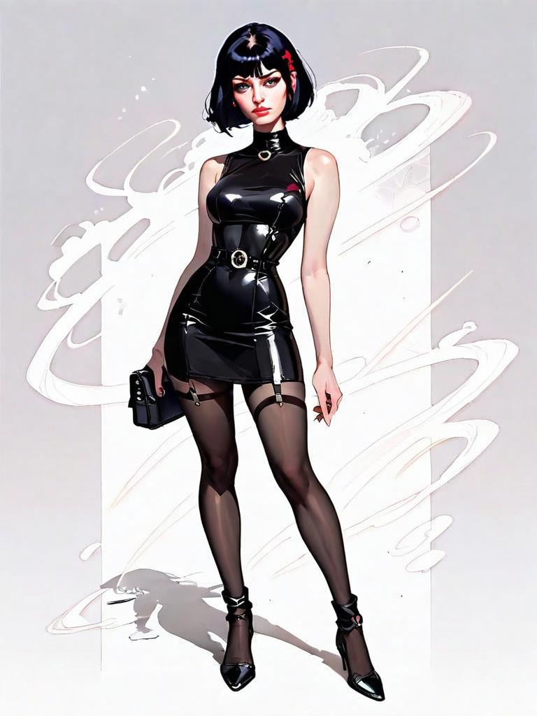 Realistic Comic Style Woman in Black Leather Dress Full Body Illustration