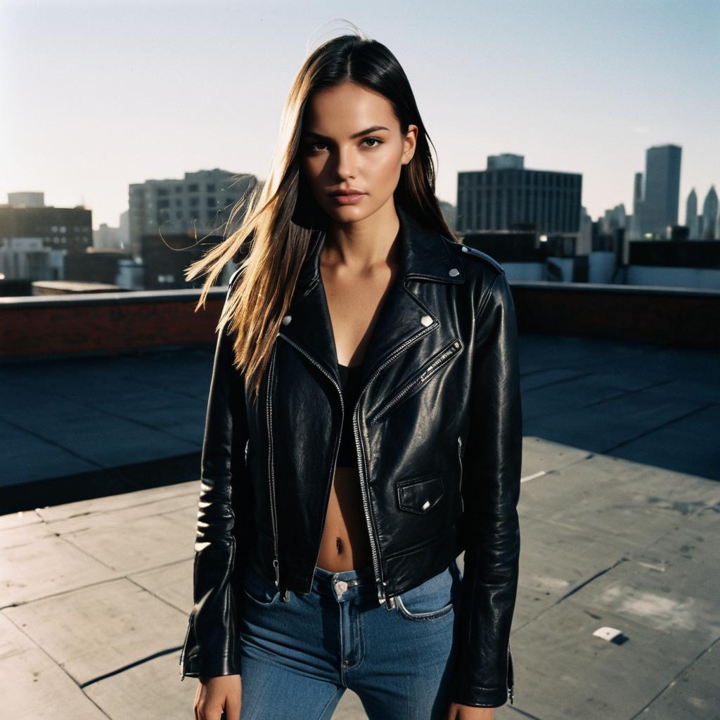 Stylish Woman in Black Leather Jacket on Urban Rooftop