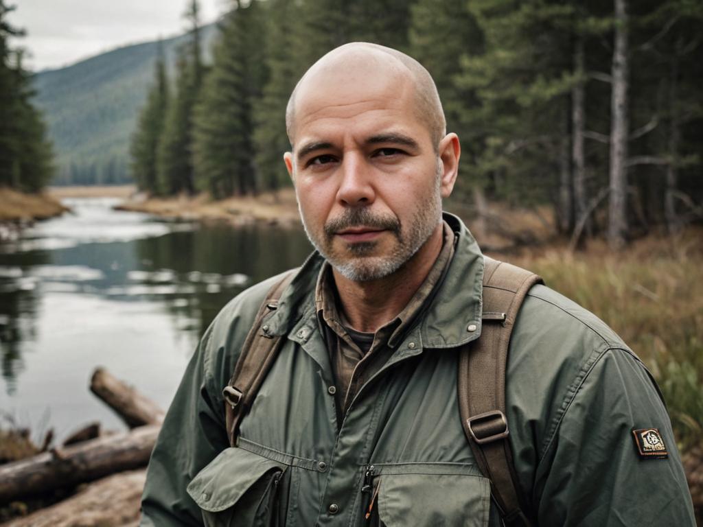 Adventurous Man by Calm River in Forest