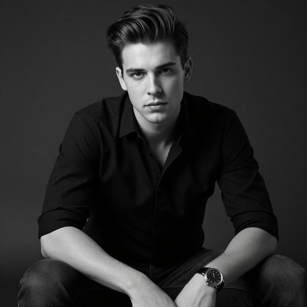 Black and White Portrait of Young Man in Button-Up Shirt with Watch