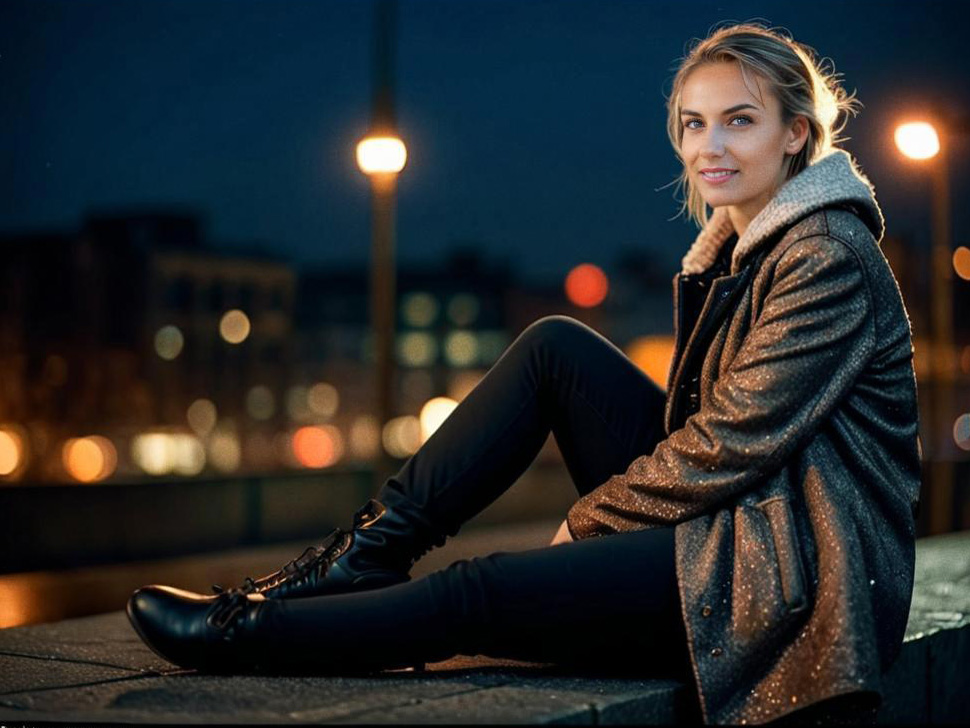 Stylish Woman by Waterfront at Night