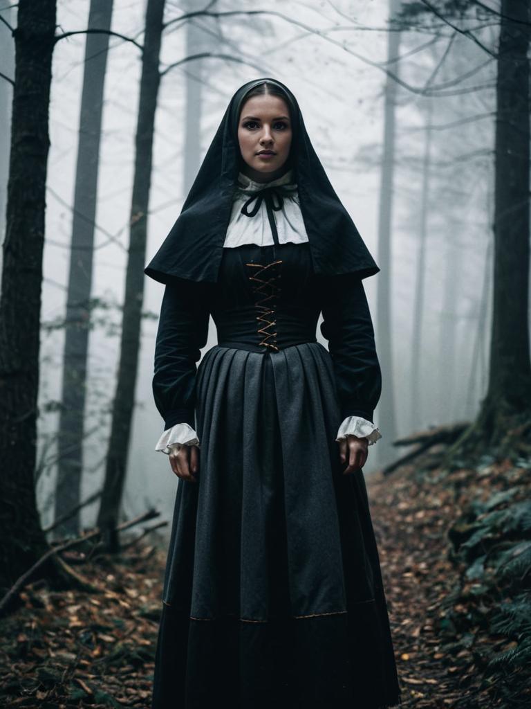 Woman in Historical Puritan-Style Dress in Misty Forest