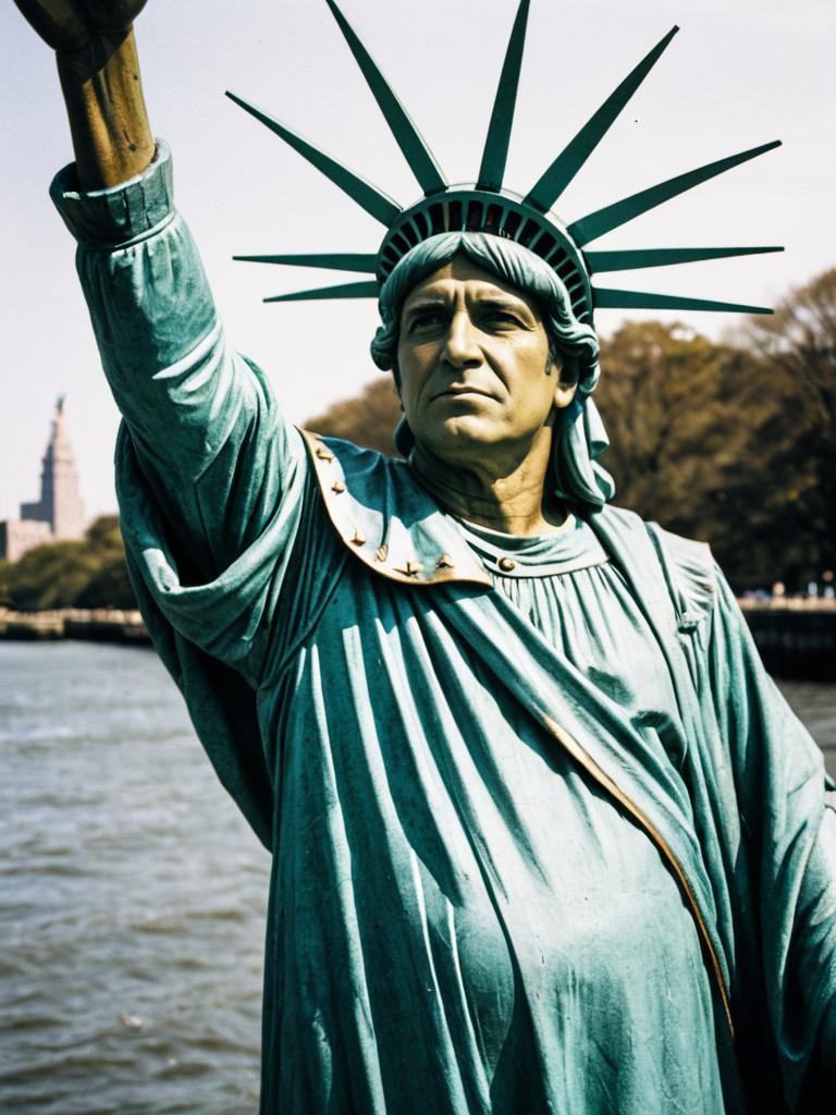 Man in Statue of Liberty Costume Cinematic Realism Humorous Editorial