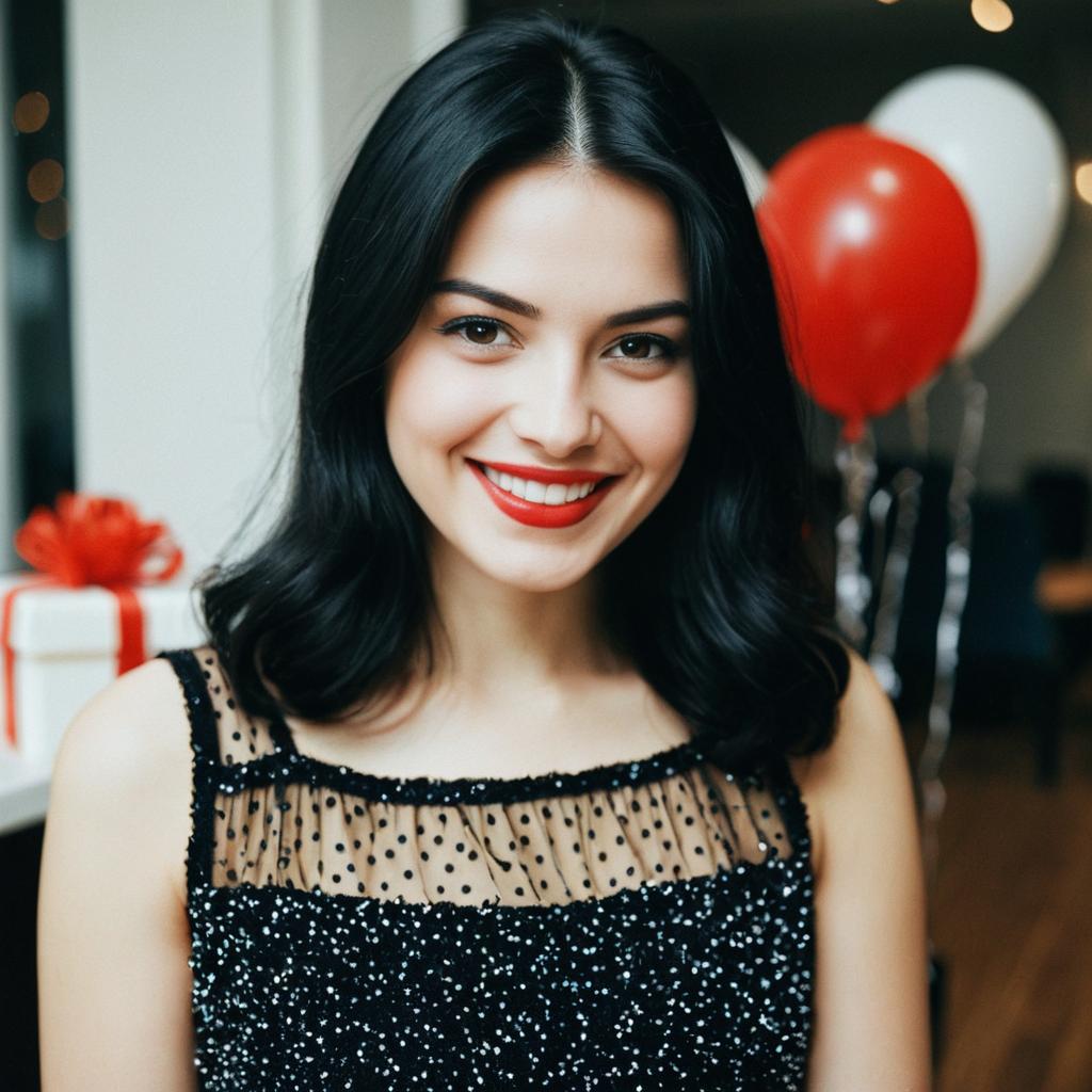 Smiling Woman in Black Dress with Red Lipstick