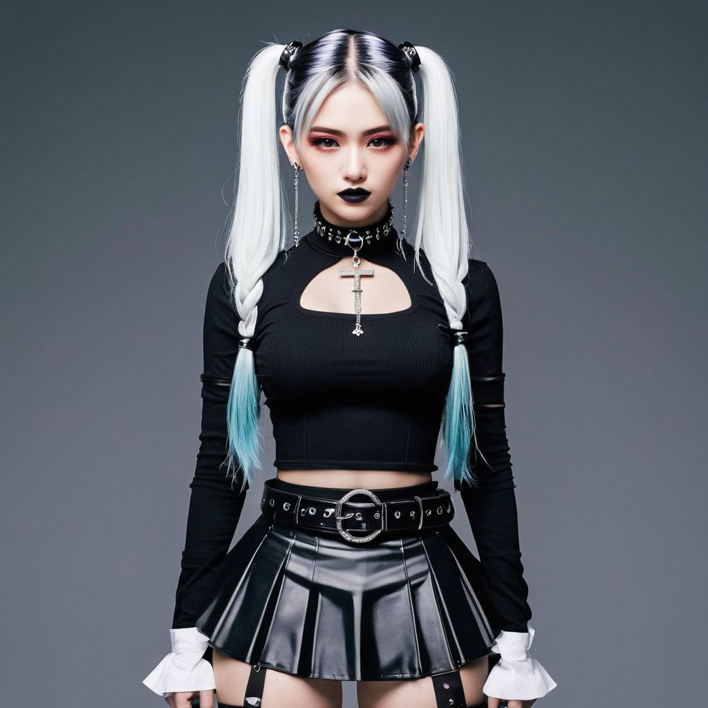 Confident Young Woman with Silver and Turquoise Hair in Gothic Outfit