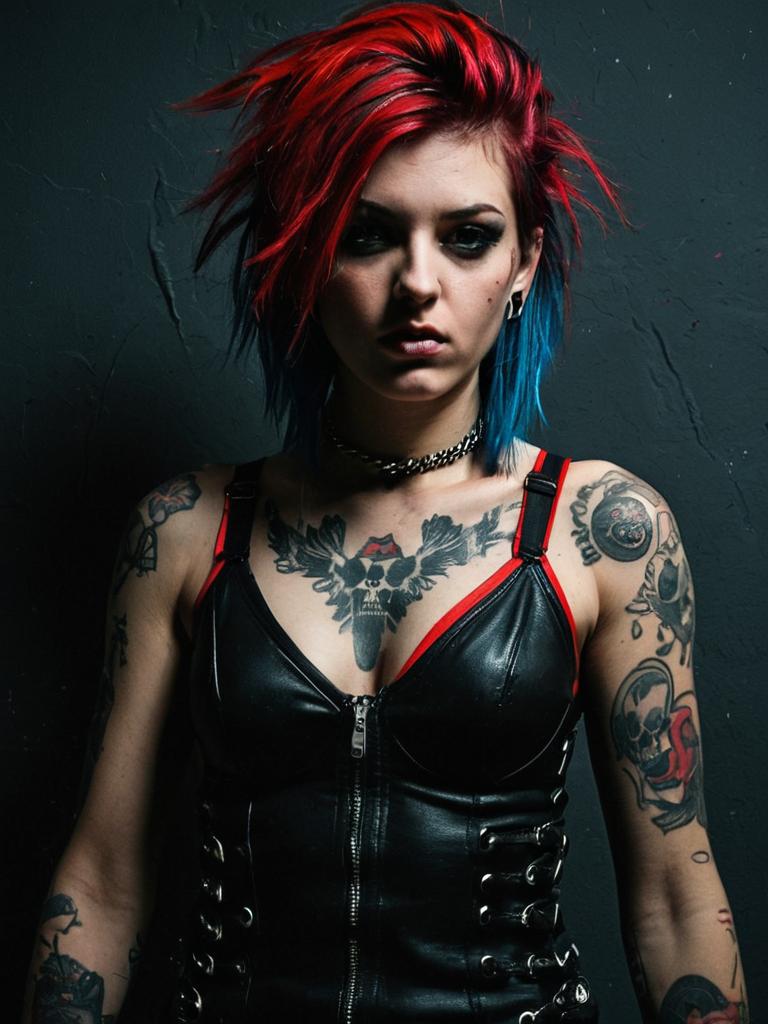 Edgy Punk Woman with Red and Blue Hair in Leather Corset