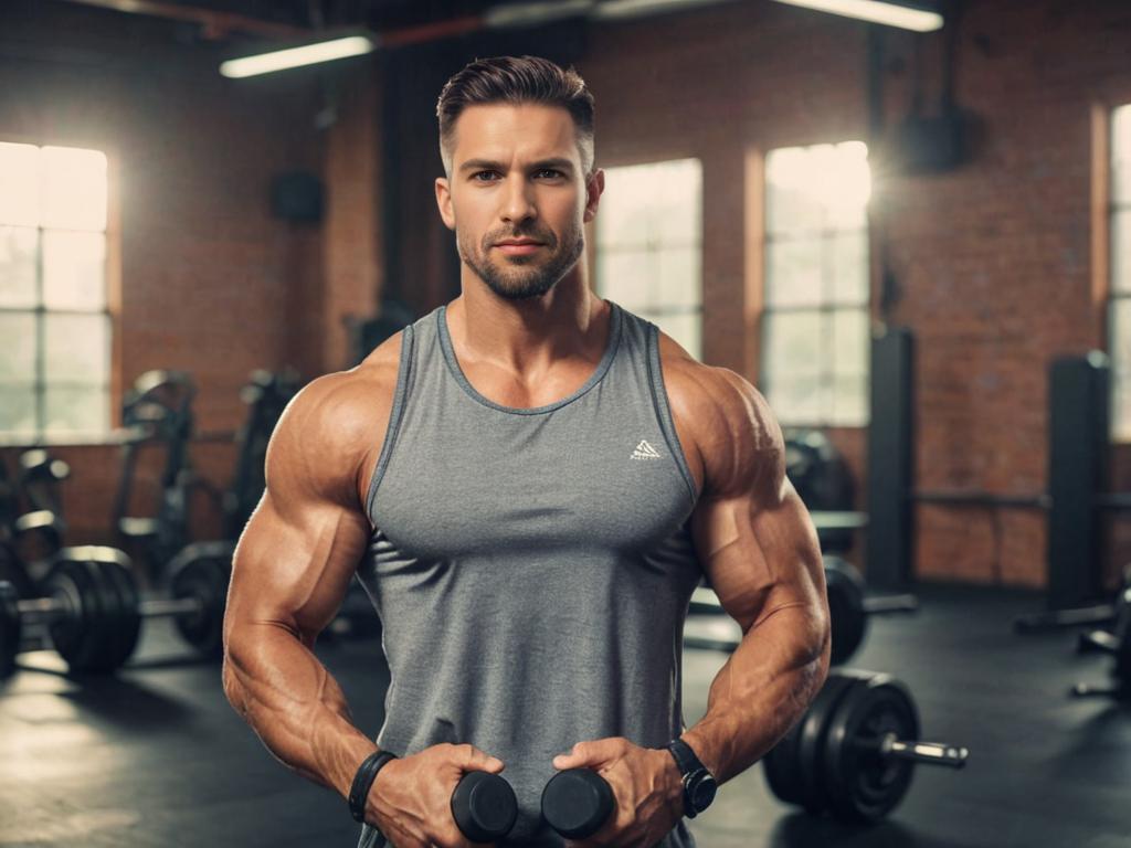 Muscular Man with Dumbbells in Gym