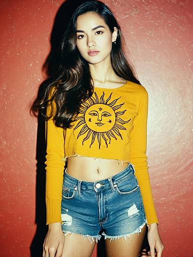 Boho Chic Woman Wearing Mustard Yellow Long Sleeve Crop Top with Sun Design and Distressed Denim Shorts