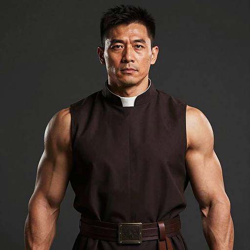 Muscular Man Wearing Sleeveless Clerical Shirt with Priest Collar