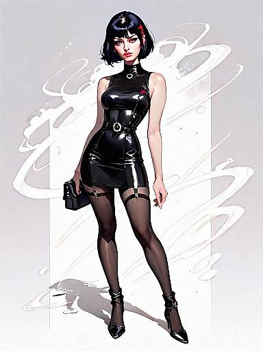 Realistic Comic Style Woman in Black Leather Dress Full Body Illustration