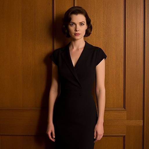 Elegant Woman in Classic Black Dress Against Wooden Panel Wall