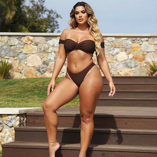 Confident Woman in Brown Off-Shoulder Bikini Outdoors on Wooden Steps