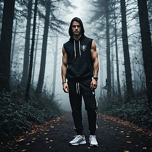 Fit Young Man in Misty Forest Path