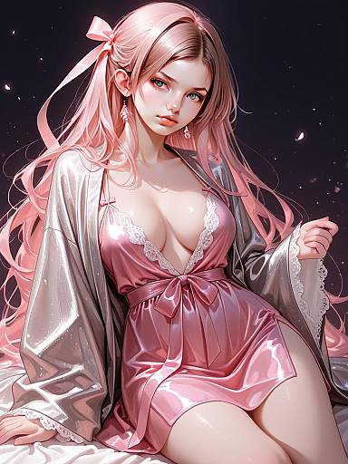 Chic Woman in Realistic Pink Silk Boudoir Robe with Silver Satin Kimono