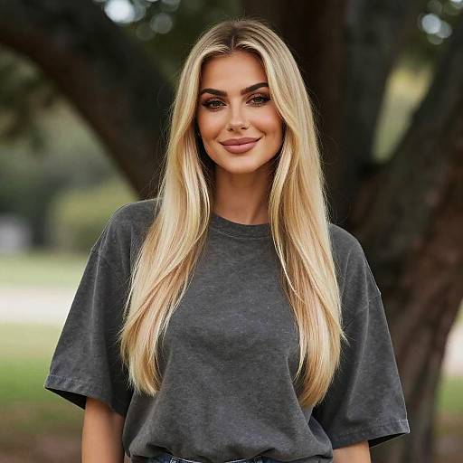 Casual Young Blonde Woman Outdoors in Grey T-Shirt