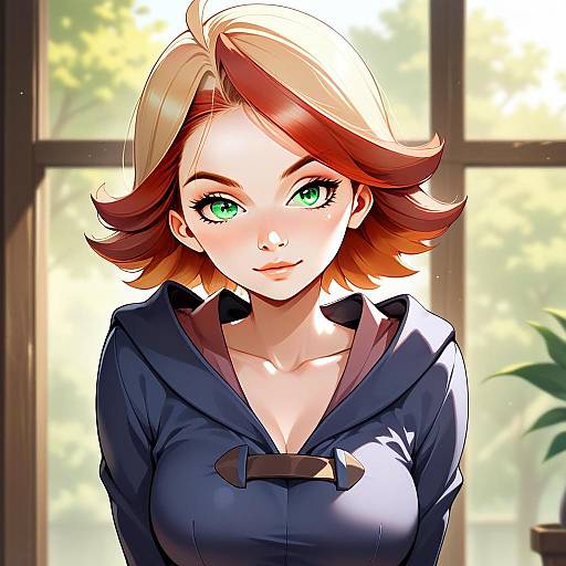 Anime Style Portrait of Young Woman with Green Eyes and Blonde Auburn Hair