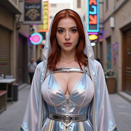 Futuristic Woman in Metallic Hooded Outfit on Neon-Lit City Street