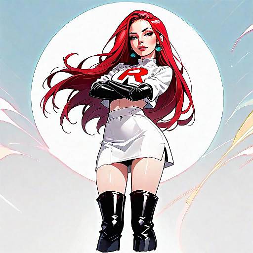Confident Woman with Red Hair in White Outfit and Black Boots Digital Illustration
