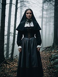 Woman in Historical Puritan-Style Dress in Misty Forest