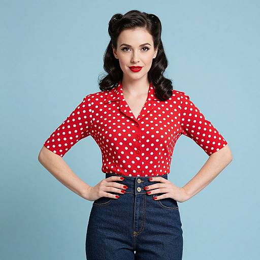 Vintage 1950s Woman in Red Polka Dot Blouse and High-Waisted Jeans
