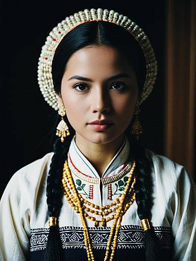 Woman in Traditional Dress with Elegant Beaded Necklace and Braids