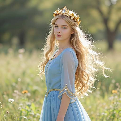 Elegant Woman in Blue Dress Wearing Gold Crown in Meadow